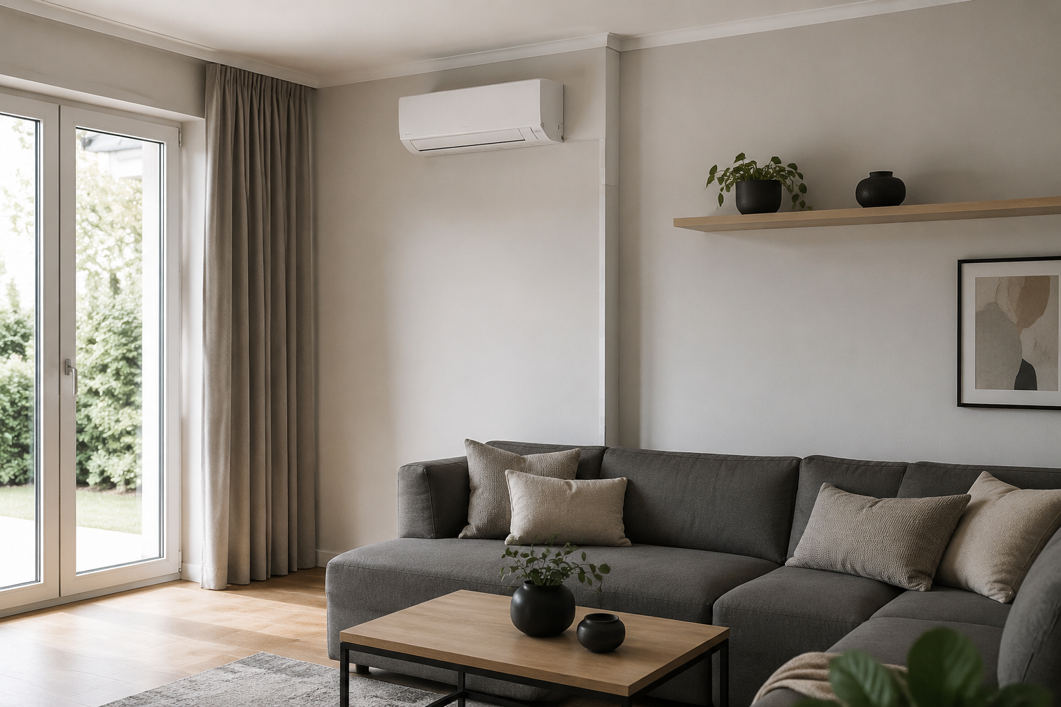 Klimatyzator ścienny w nowoczesnym salonie